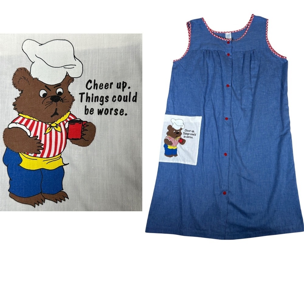 Vintage Blue Housecoat Dress Large Bear Chef‎ Cheer Up Things Could Be Worse 80s